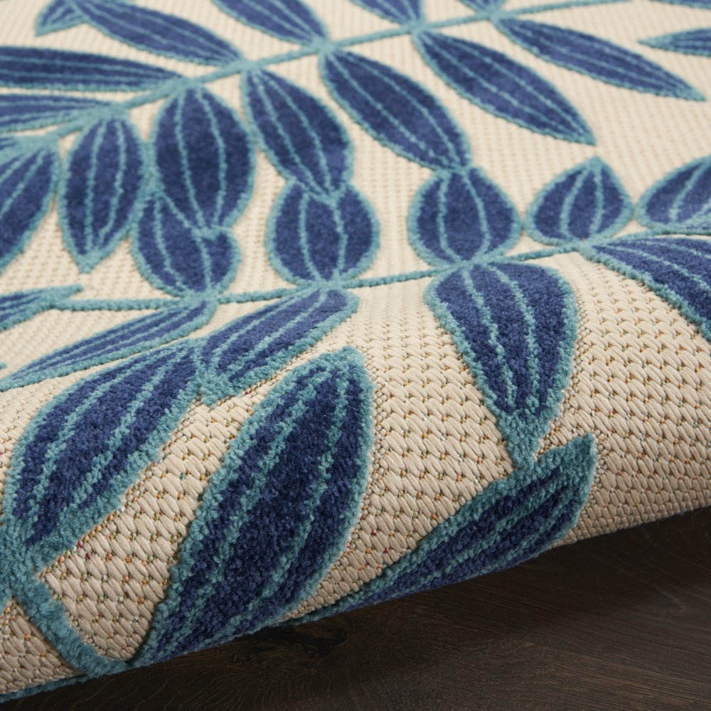 4' Navy Blue And Ivory Round Botanical Leaves Indoor Outdoor Area Rug HomeRoots