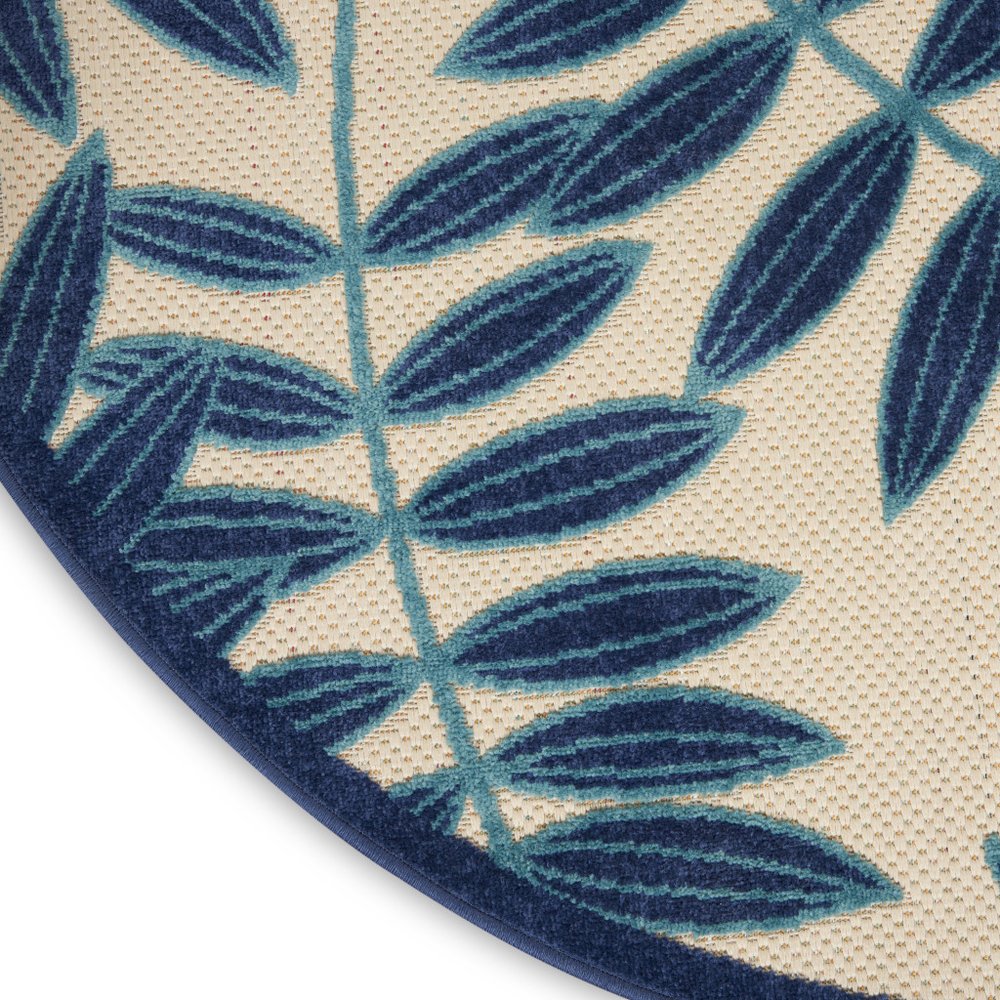 4' Navy Blue And Ivory Round Botanical Leaves Indoor Outdoor Area Rug HomeRoots