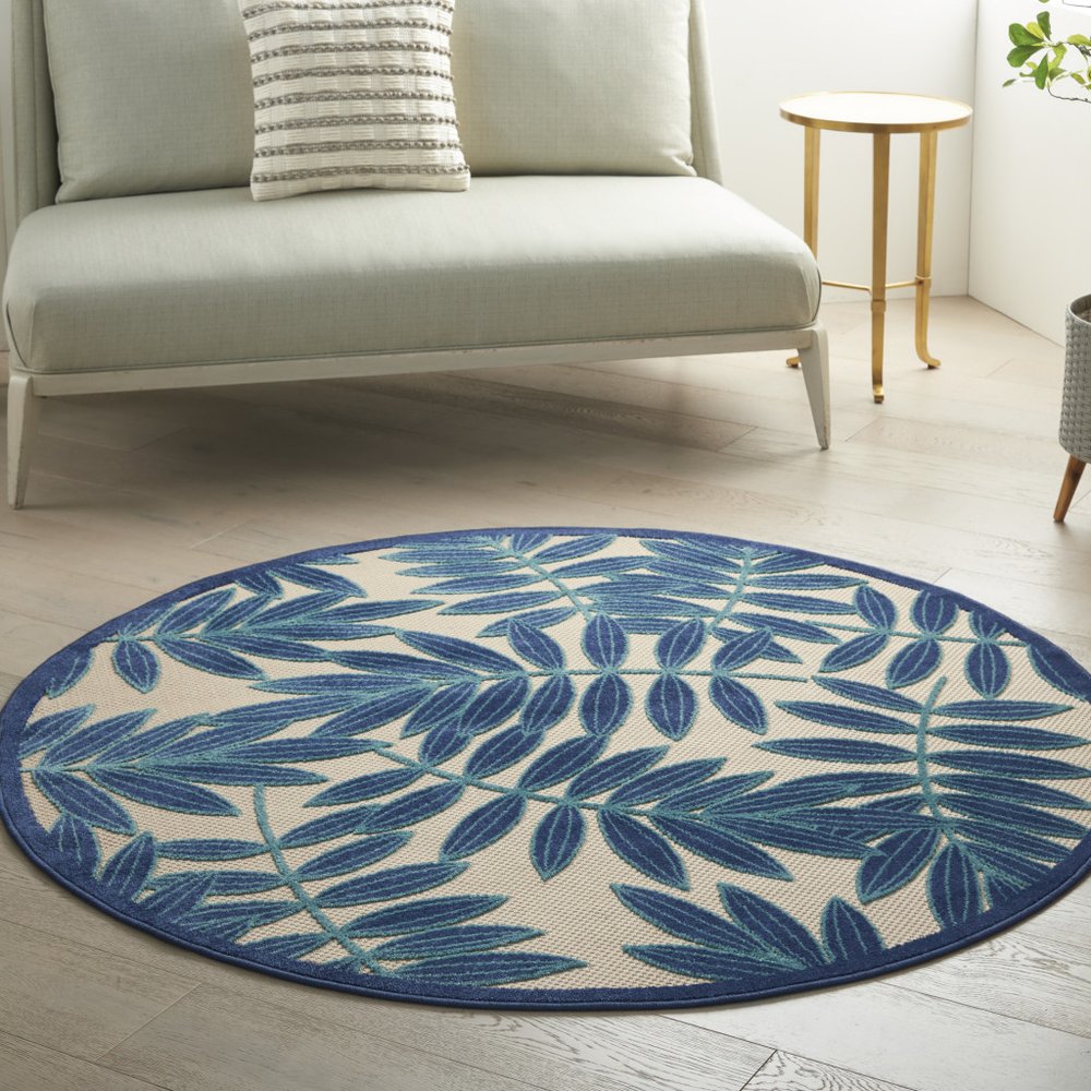 4' Navy Blue And Ivory Round Botanical Leaves Indoor Outdoor Area Rug — view 7