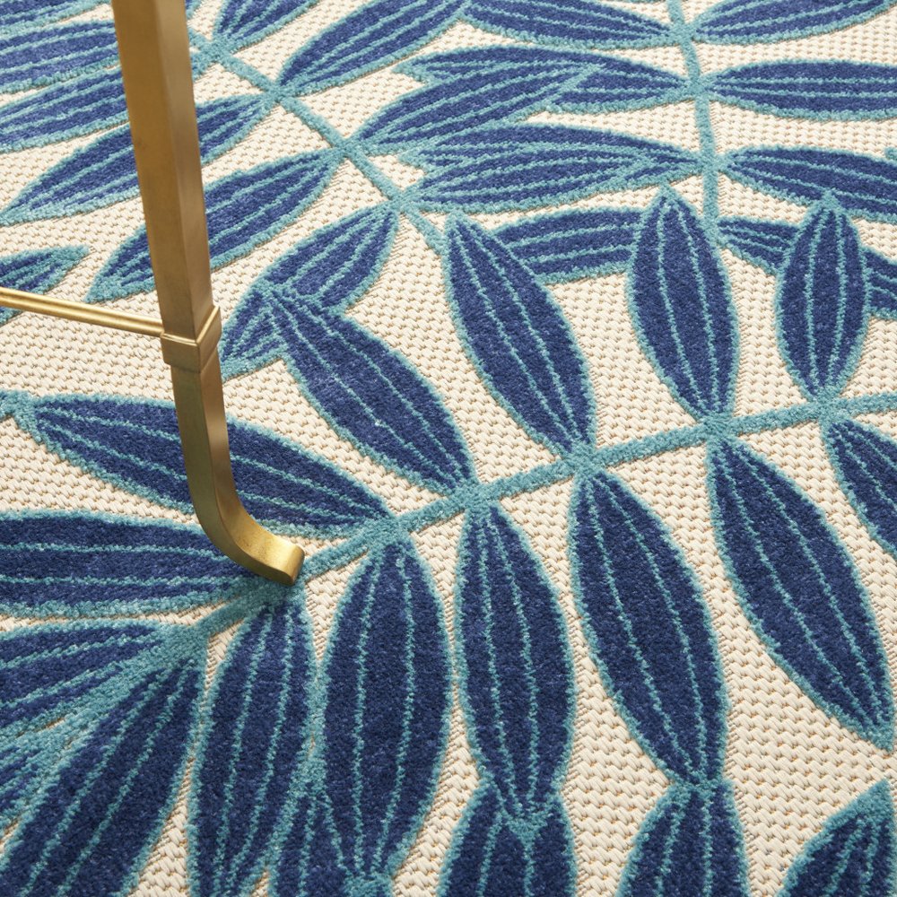 4' Navy Blue And Ivory Round Botanical Leaves Indoor Outdoor Area Rug HomeRoots