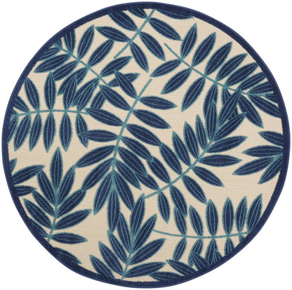 4' Navy Blue And Ivory Round Botanical Leaves Indoor Outdoor Area Rug HomeRoots