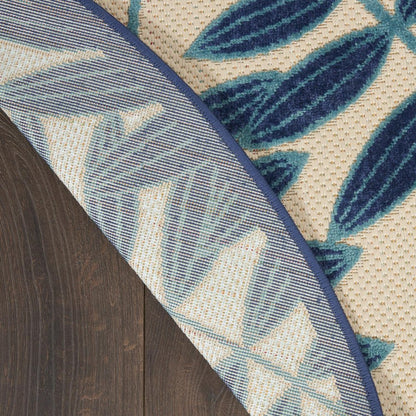4' Navy Blue And Ivory Round Botanical Leaves Indoor Outdoor Area Rug HomeRoots