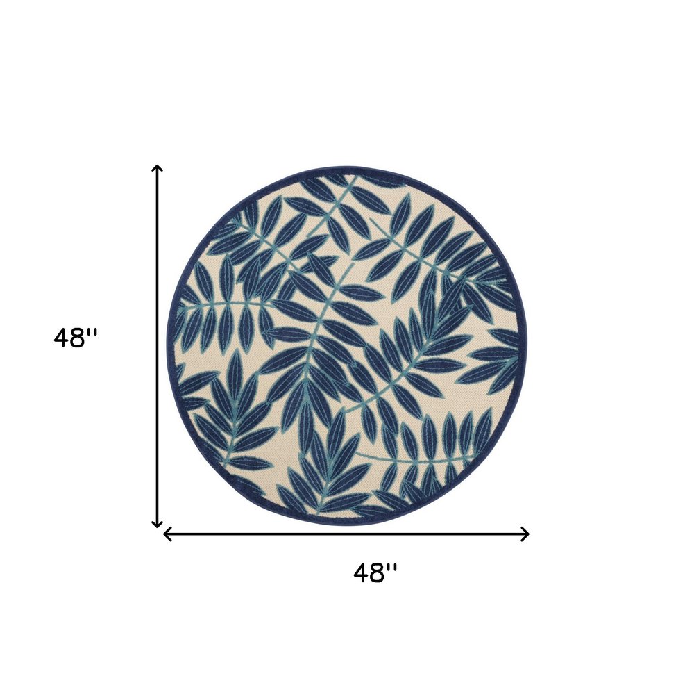 4' Navy Blue And Ivory Round Botanical Leaves Indoor Outdoor Area Rug HomeRoots