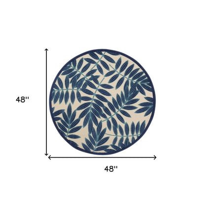 4' Navy Blue And Ivory Round Botanical Leaves Indoor Outdoor Area Rug HomeRoots