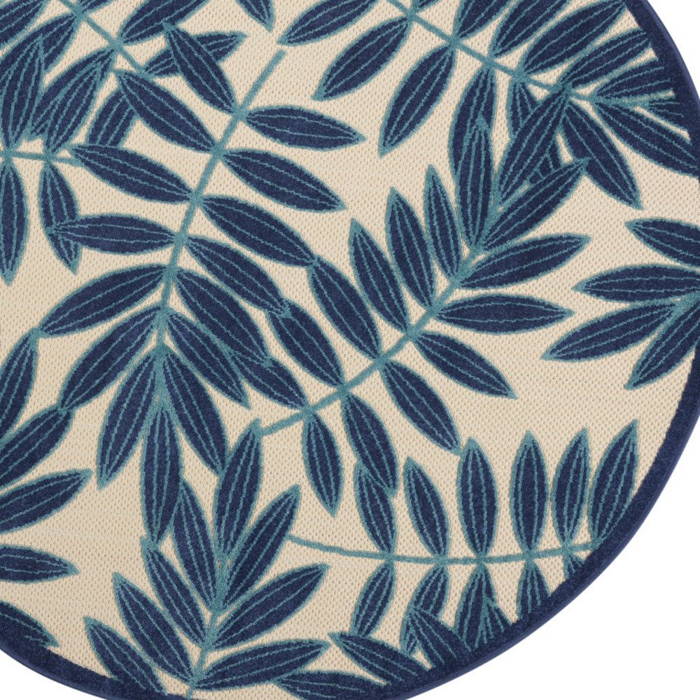 4' Navy Blue And Ivory Round Botanical Leaves Indoor Outdoor Area Rug — view 2