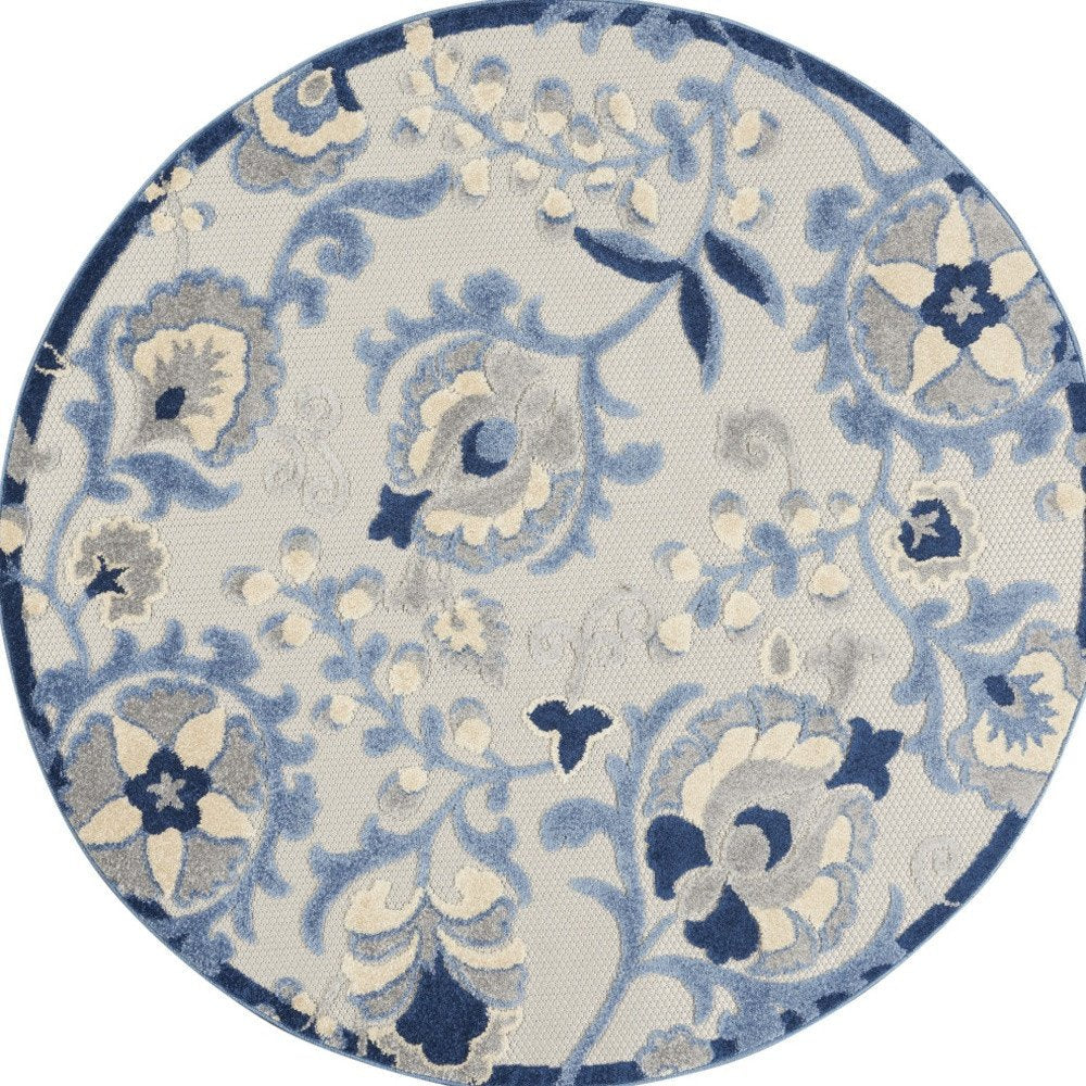 4' Blue And Gray Round Floral Indoor Outdoor Area Rug HomeRoots
