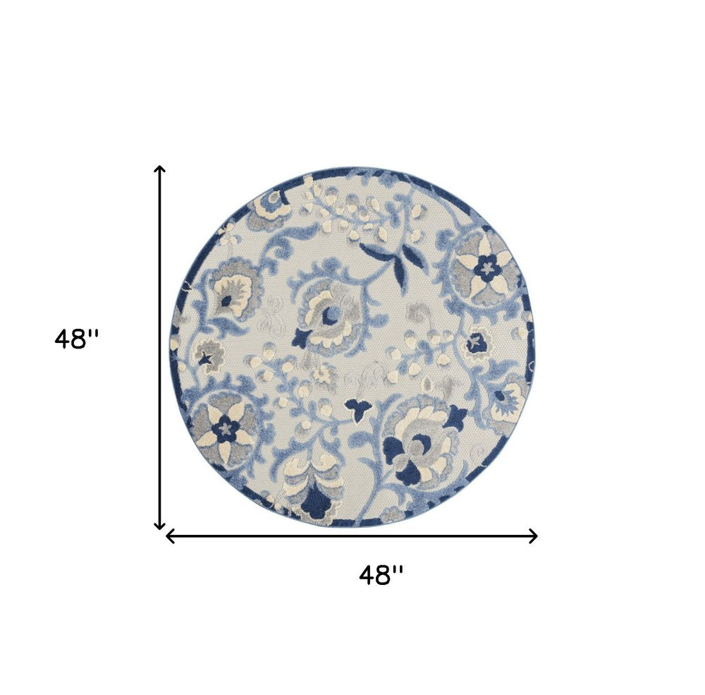 4' Blue And Gray Round Floral Indoor Outdoor Area Rug — view 1