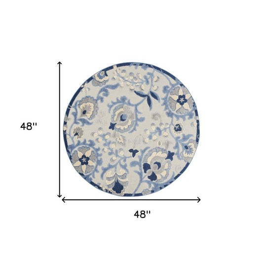 4' Blue And Gray Round Floral Indoor Outdoor Area Rug