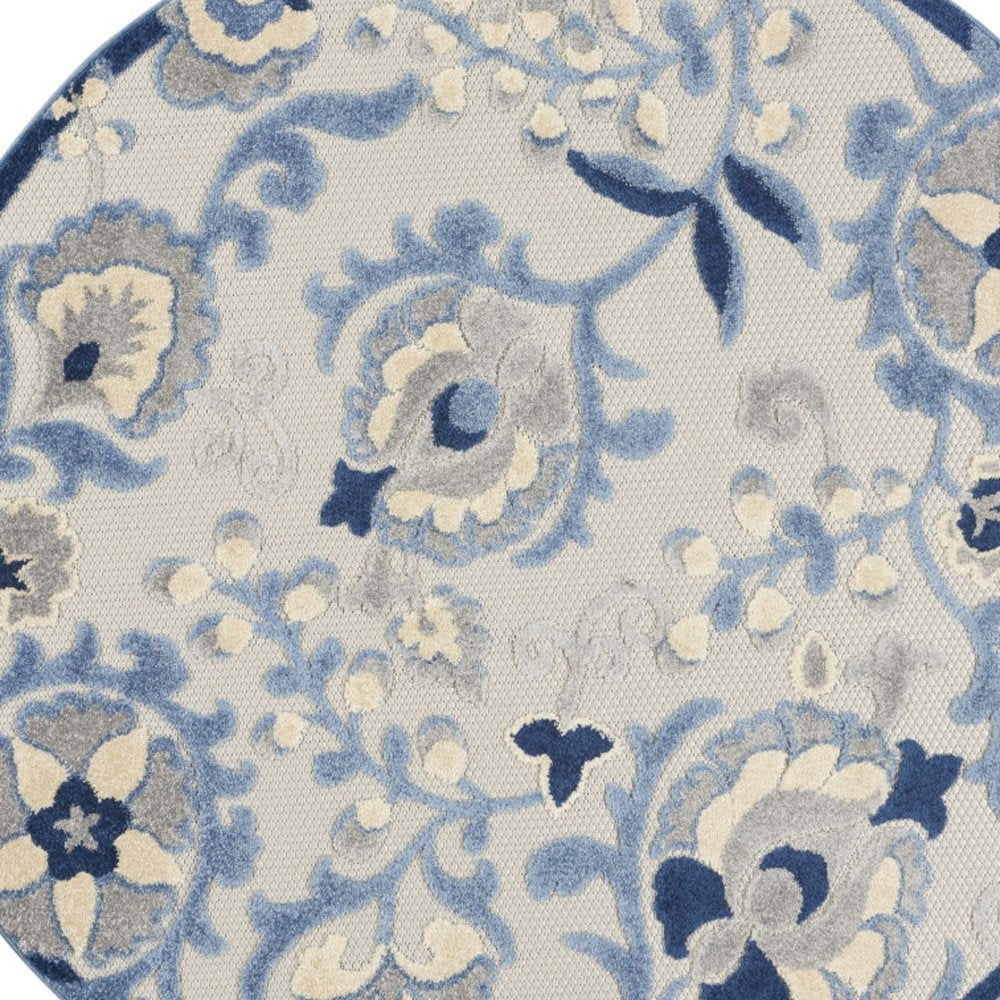 4' Blue And Gray Round Floral Indoor Outdoor Area Rug HomeRoots