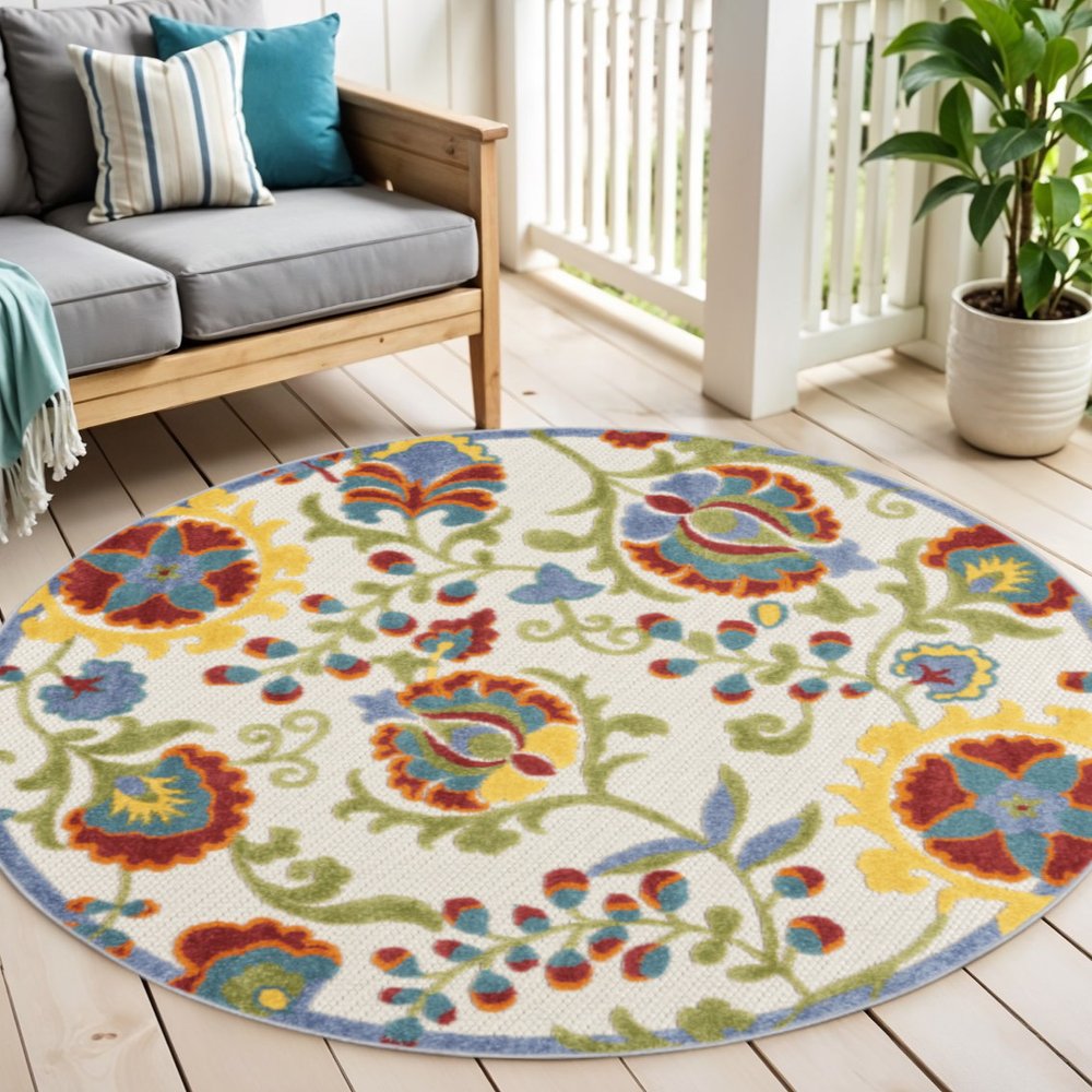 4' Green Orange Red And Blue Round Floral Indoor Outdoor Area Rug — view 4