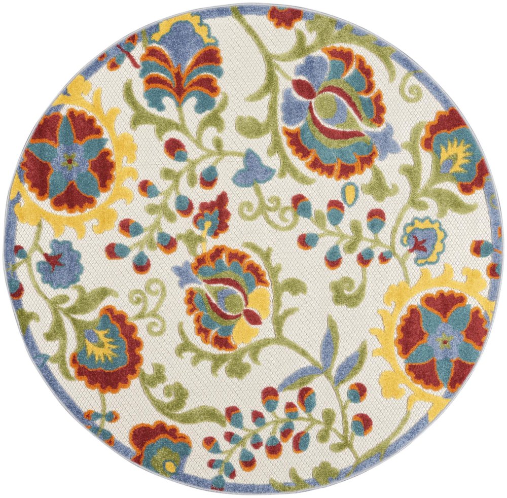 4' Green Orange Red And Blue Round Floral Indoor Outdoor Area Rug — view 8