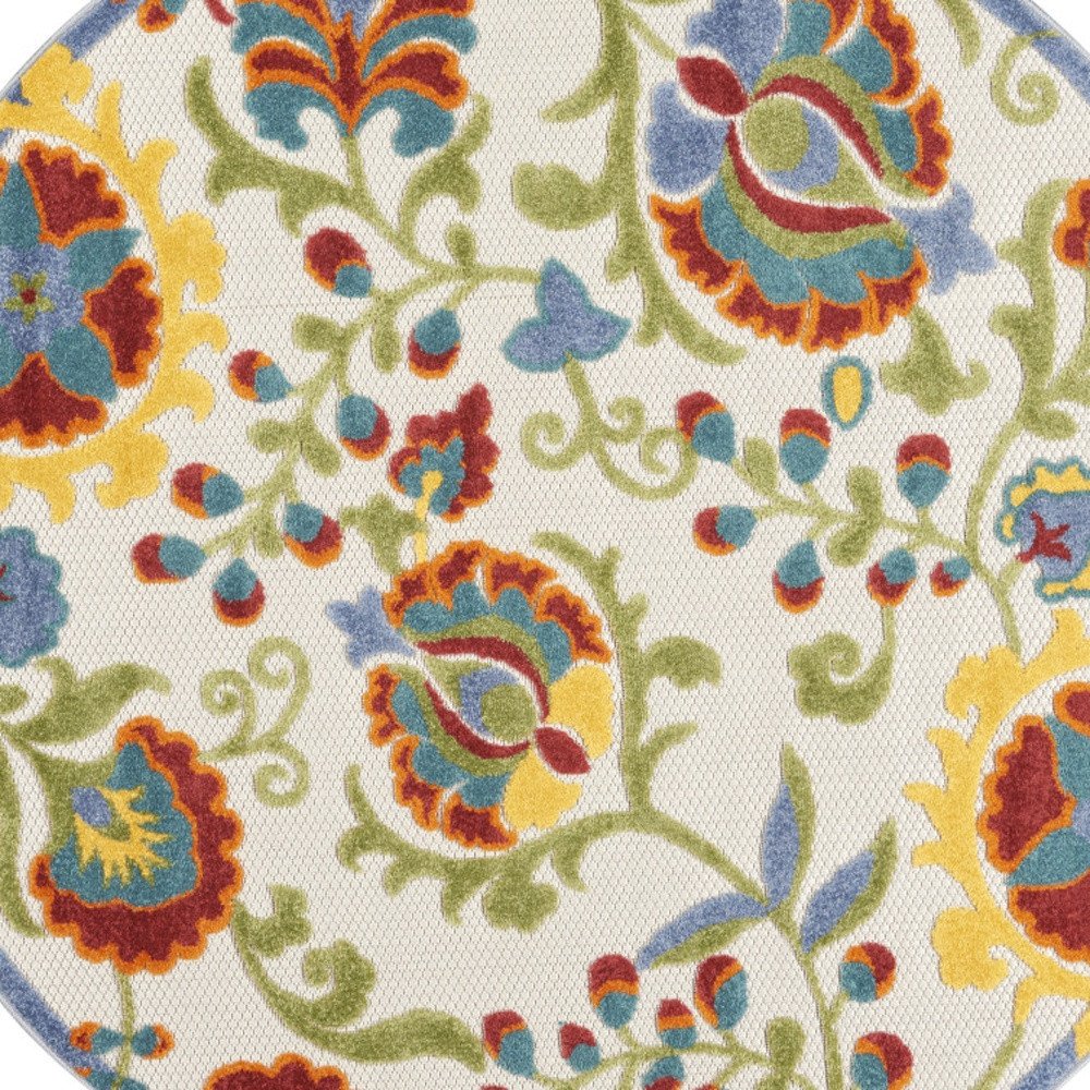 4' Green Orange Red And Blue Round Floral Indoor Outdoor Area Rug — view 2