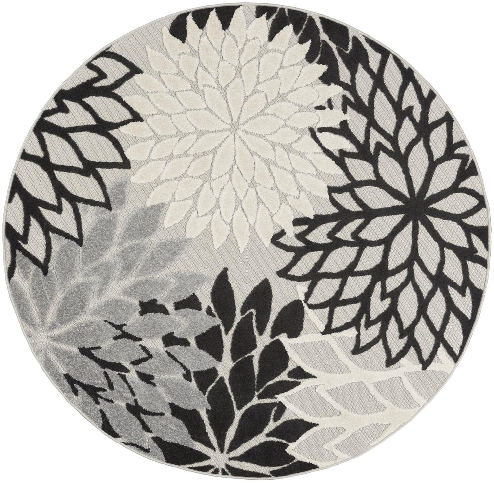 5' Black And White Round Floral Indoor Outdoor Area Rug — view 8