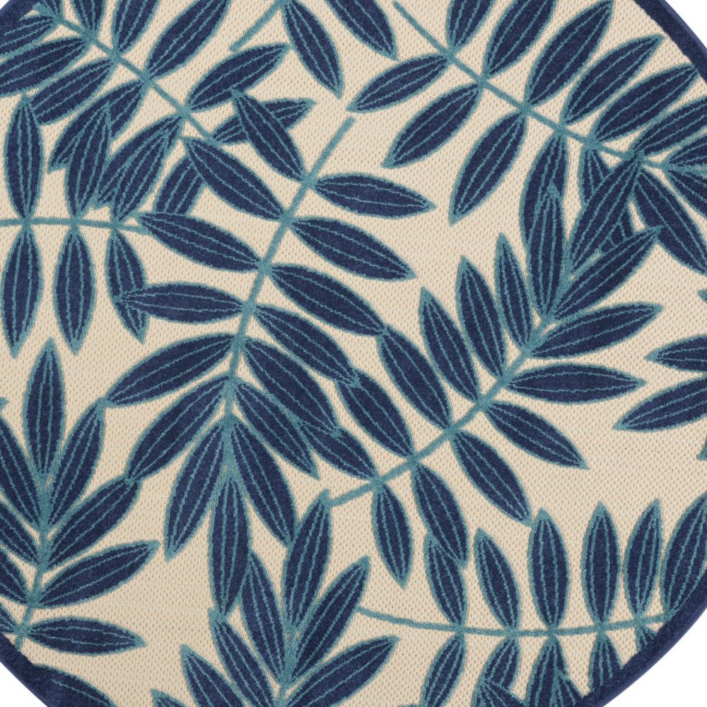 4' Navy Blue And Ivory Round Botanical Leaves Indoor Outdoor Area Rug HomeRoots