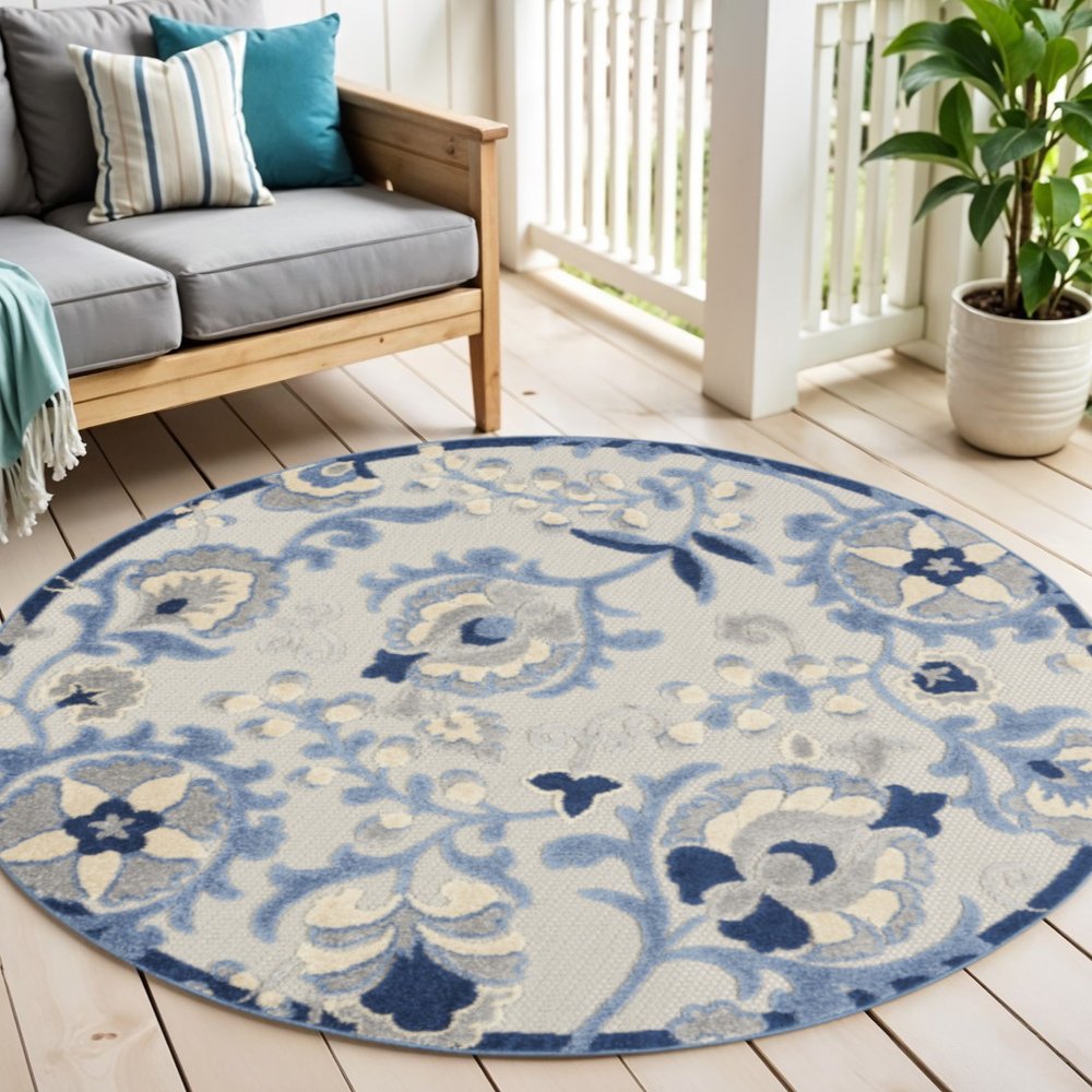 5' Blue And Gray Round Floral Indoor Outdoor Area Rug HomeRoots