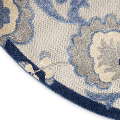 5' Blue And Gray Round Floral Indoor Outdoor Area Rug