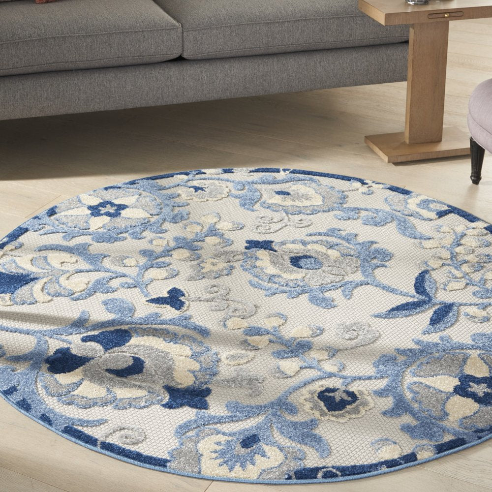 5' Blue And Gray Round Floral Indoor Outdoor Area Rug HomeRoots