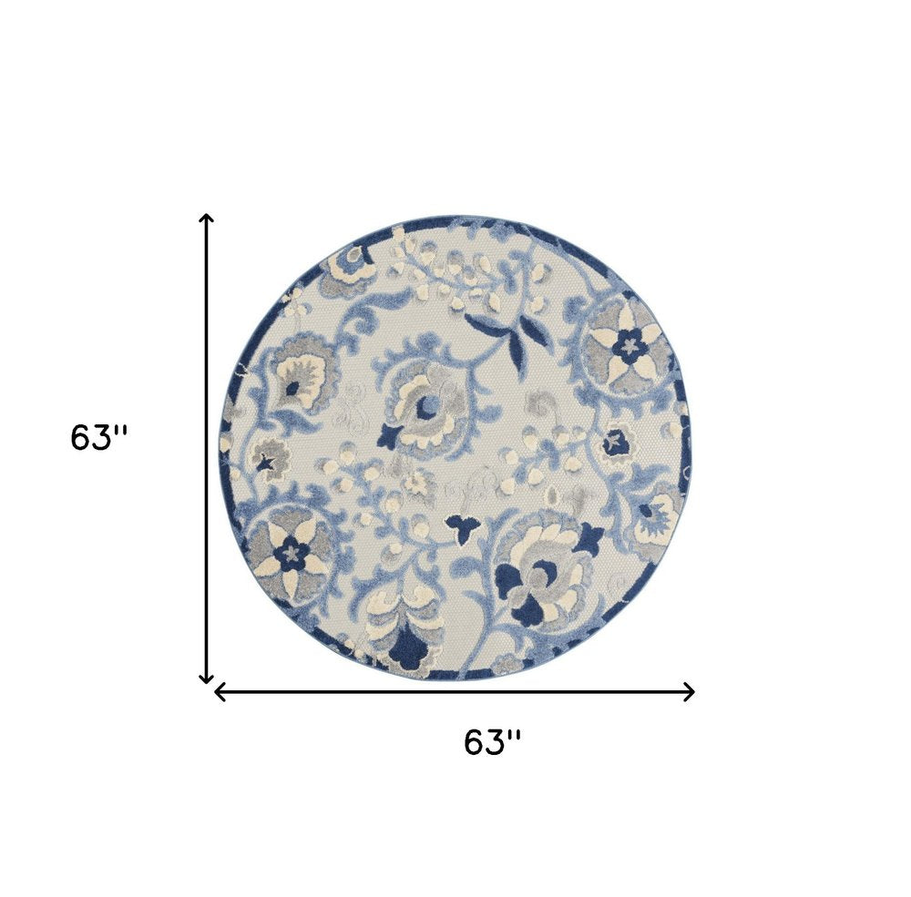 5' Blue And Gray Round Floral Indoor Outdoor Area Rug HomeRoots