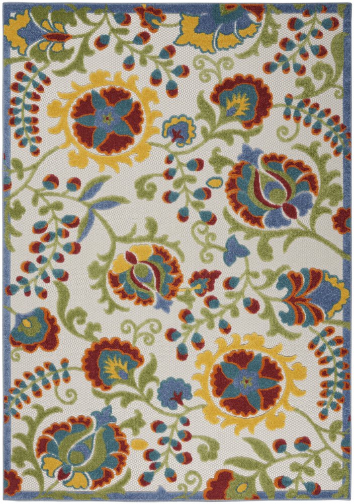 4' X 6' Ivory Red Green Blue And Yellow Floral Indoor Outdoor Area Rug