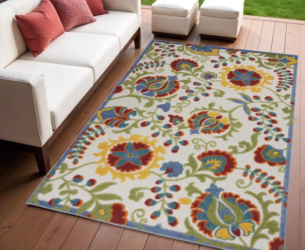 4' X 6' Ivory Red Green Blue And Yellow Floral Indoor Outdoor Area Rug — view 4