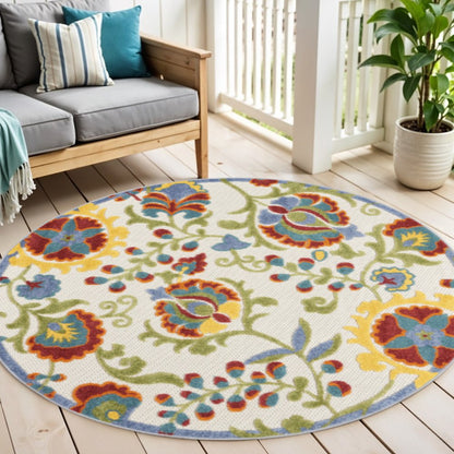 5' Ivory Red Green Blue And Yellow Round Floral Indoor Outdoor Area Rug HomeRoots