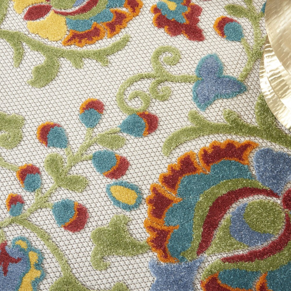 5' Ivory Red Green Blue And Yellow Round Floral Indoor Outdoor Area Rug — view 7