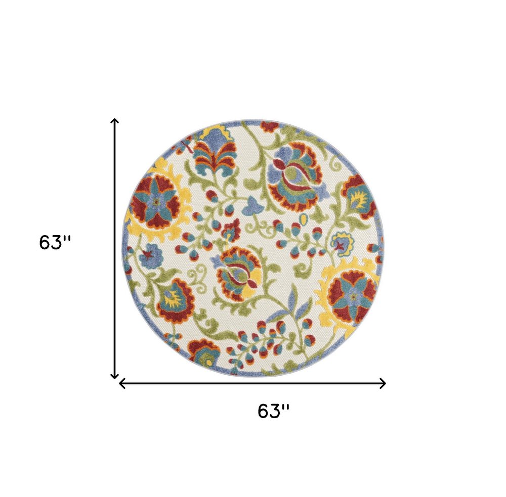 5' Ivory Red Green Blue And Yellow Round Floral Indoor Outdoor Area Rug HomeRoots