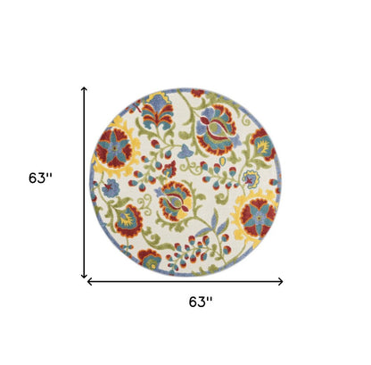 5' Ivory Red Green Blue And Yellow Round Floral Indoor Outdoor Area Rug HomeRoots