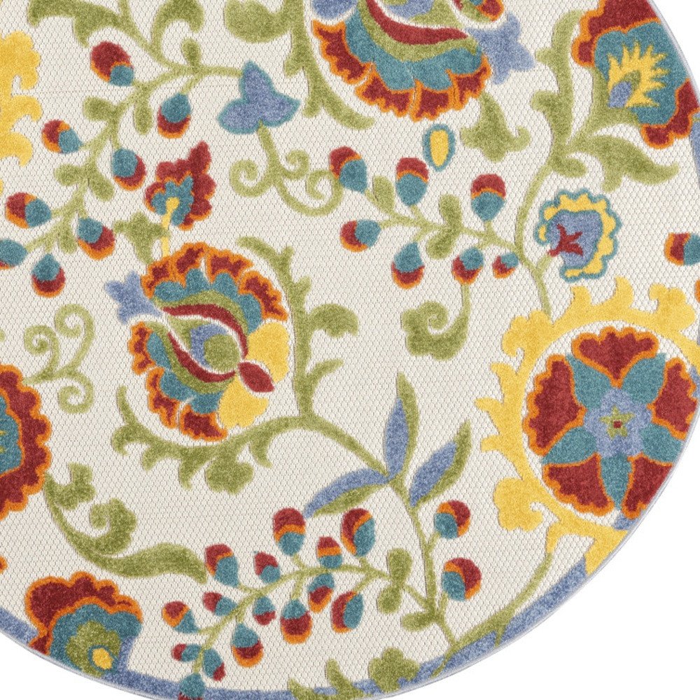5' Ivory Red Green Blue And Yellow Round Floral Indoor Outdoor Area Rug HomeRoots