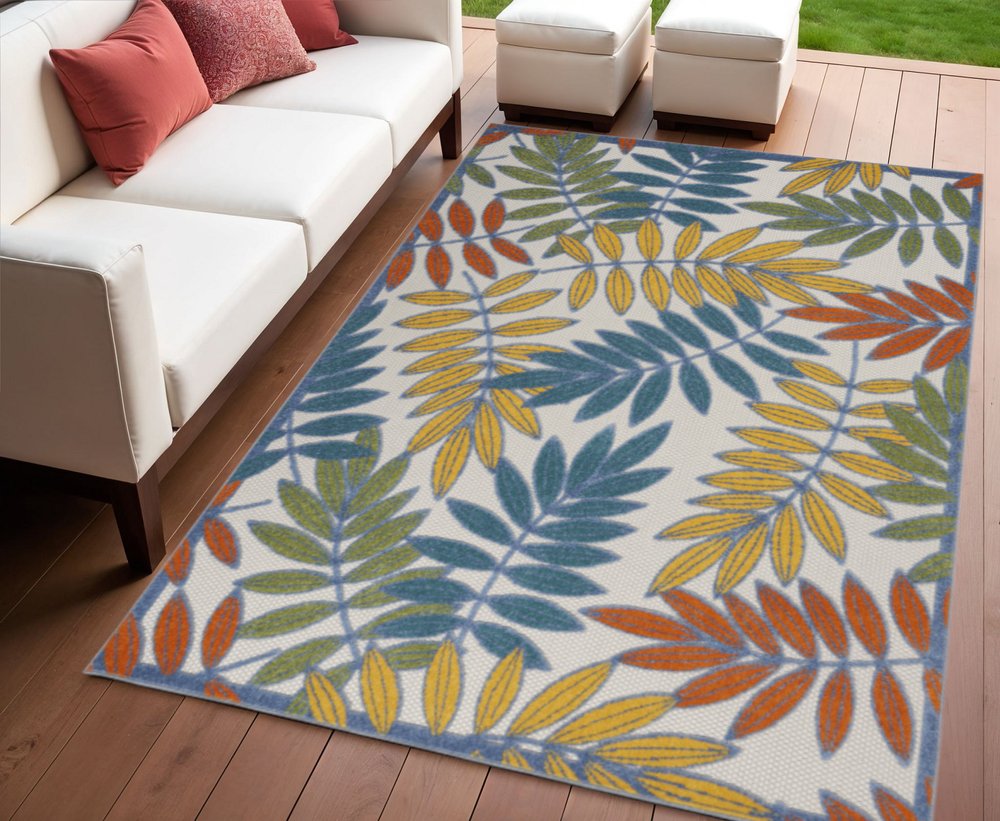4' X 6' Ivory Yellow Orange Green And Blue Botanical Leaves Indoor Outdoor Area Rug HomeRoots