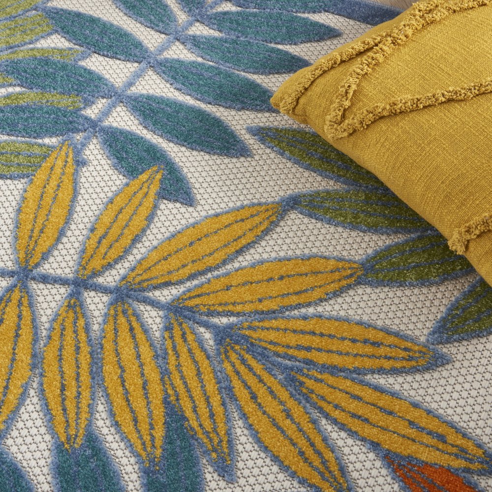 4' X 6' Ivory Yellow Orange Green And Blue Botanical Leaves Indoor Outdoor Area Rug HomeRoots