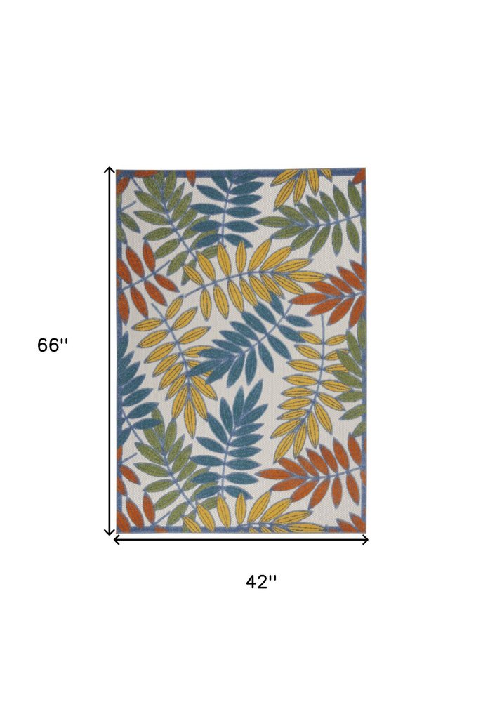 4' X 6' Ivory Yellow Orange Green And Blue Botanical Leaves Indoor Outdoor Area Rug — view 1