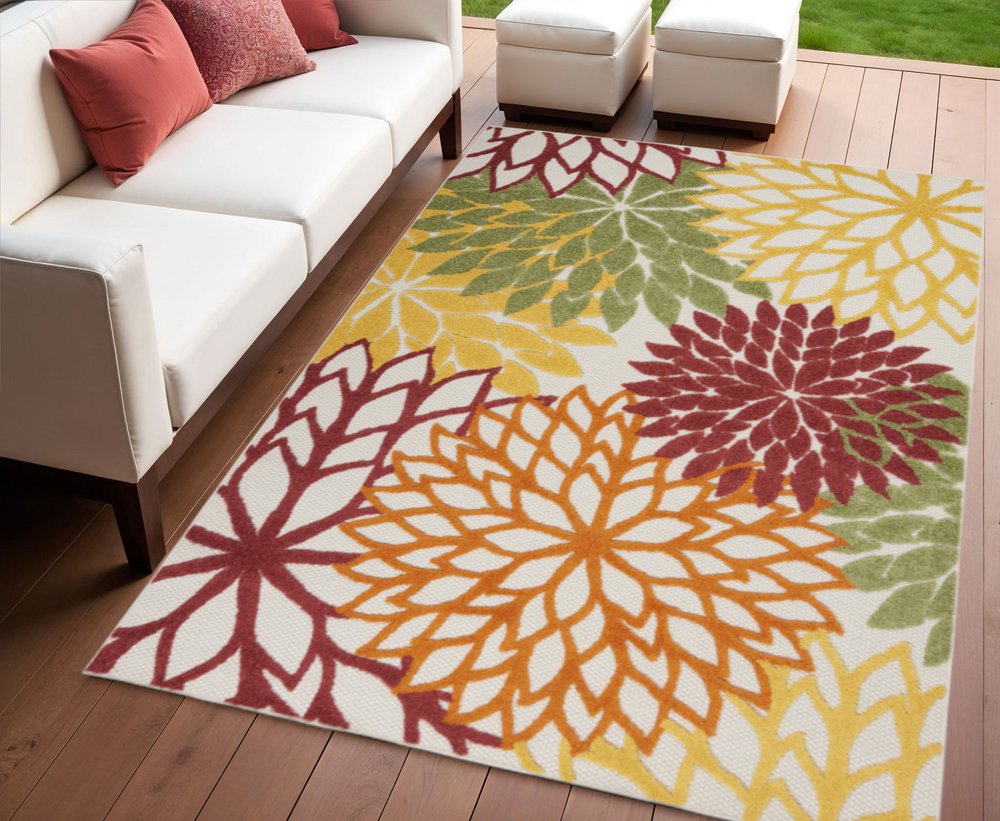 4' X 6' Red Yellow Green Orange And Ivory Floral Indoor Outdoor Area Rug — view 4