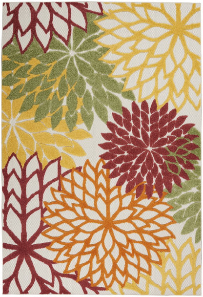 4' X 6' Red Yellow Green Orange And Ivory Floral Indoor Outdoor Area Rug