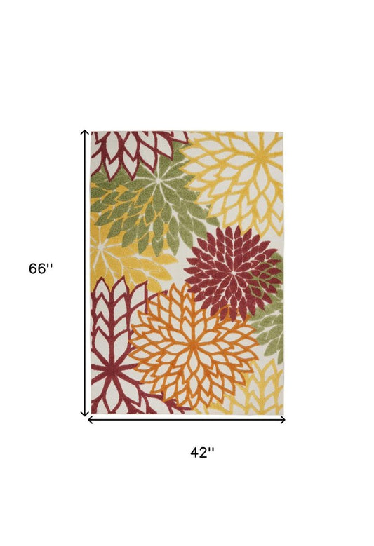 4' X 6' Red Yellow Green Orange And Ivory Floral Indoor Outdoor Area Rug