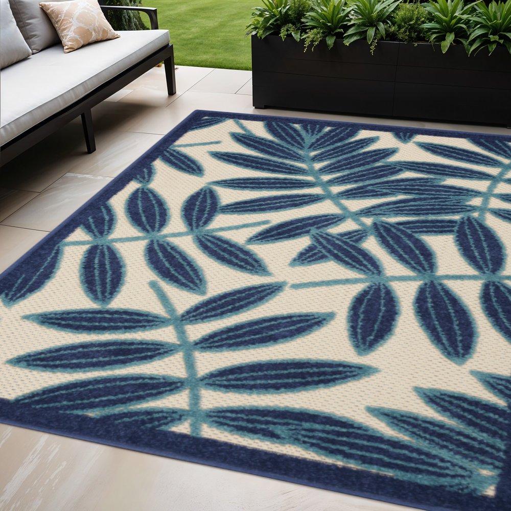 5' X 8' Navy Blue And Ivory Palm Leaf Indoor Outdoor Area Rug — view 2