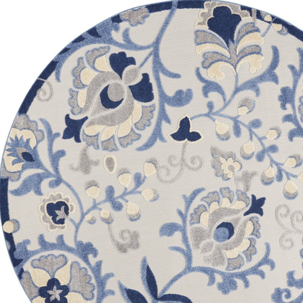 8' Blue And Gray Round Floral Indoor Outdoor Area Rug — view 3