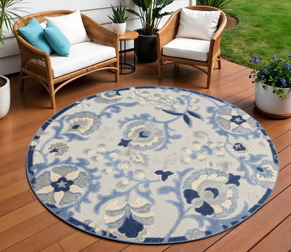 8' Blue And Gray Round Floral Indoor Outdoor Area Rug HomeRoots