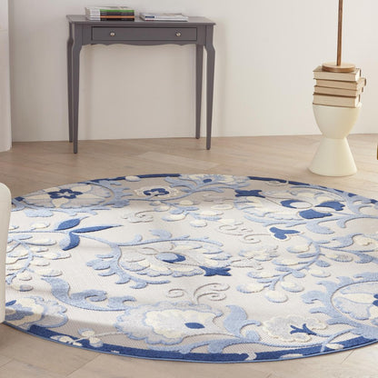 8' Blue And Gray Round Floral Indoor Outdoor Area Rug HomeRoots