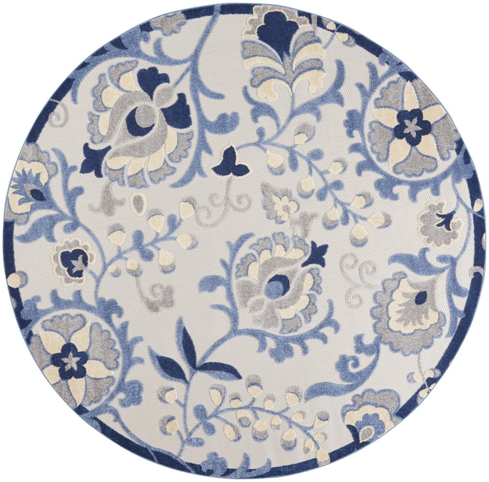 8' Blue And Gray Round Floral Indoor Outdoor Area Rug — view 9