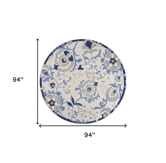 8' Blue And Gray Round Floral Indoor Outdoor Area Rug