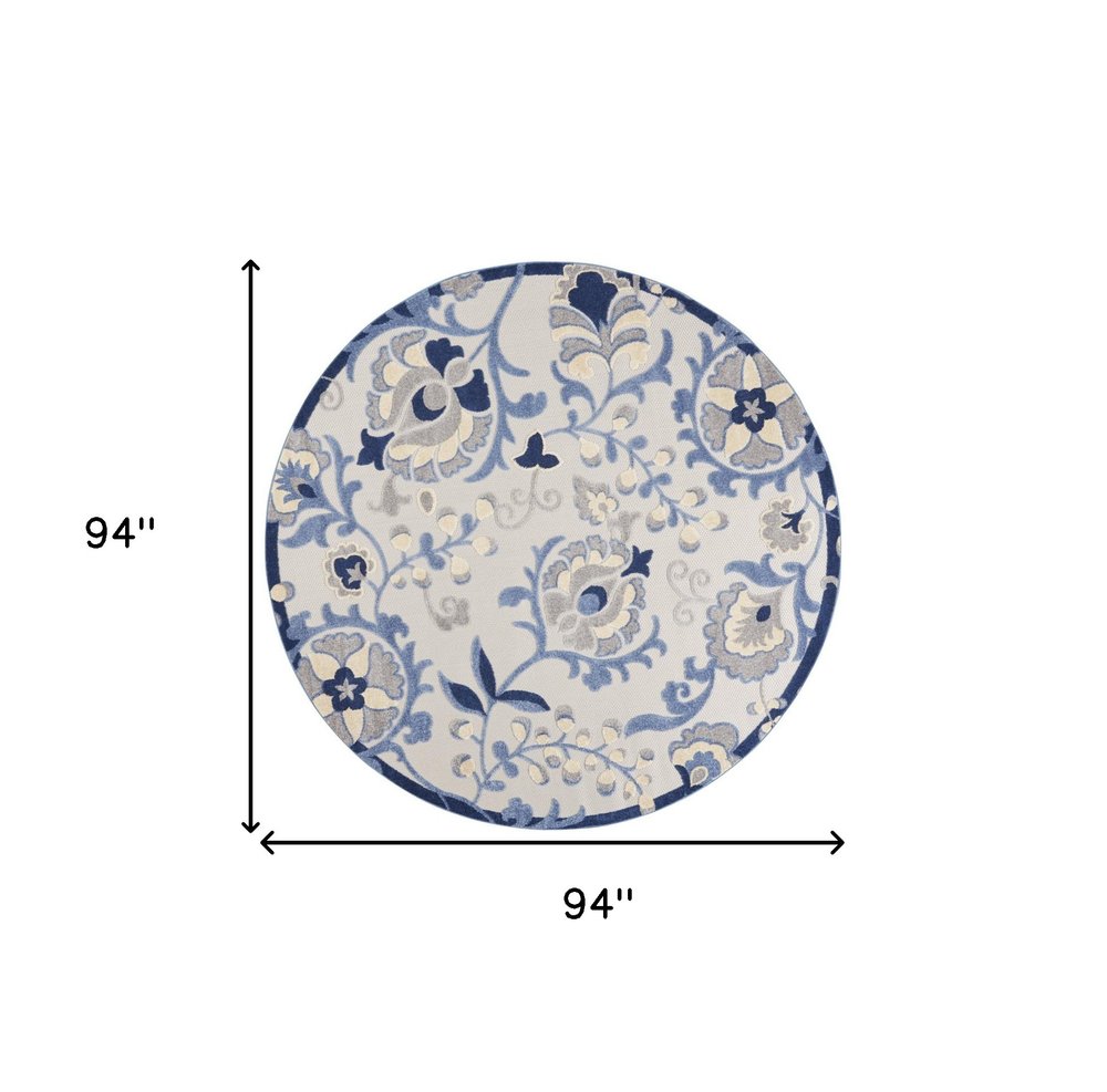 8' Blue And Gray Round Floral Indoor Outdoor Area Rug