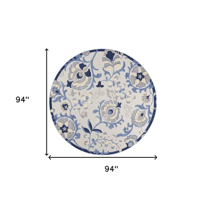 8' Blue And Gray Round Floral Indoor Outdoor Area Rug