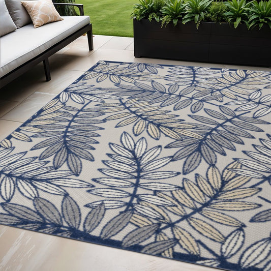 5' X 8' Navy Blue And Ivory Botanical Leaves Indoor Outdoor Area Rug