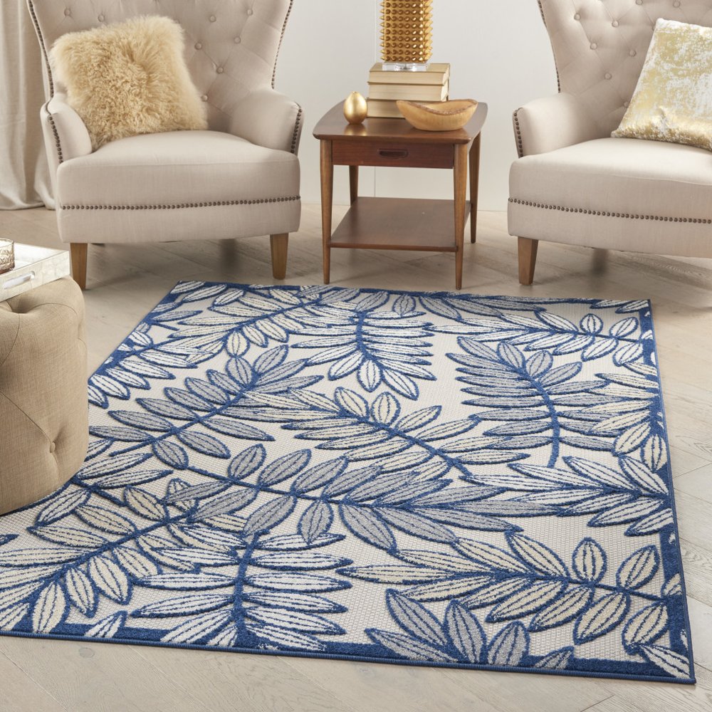 5' X 8' Navy Blue And Ivory Botanical Leaves Indoor Outdoor Area Rug — view 9