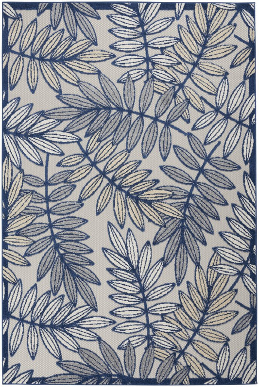 5' X 8' Navy Blue And Ivory Botanical Leaves Indoor Outdoor Area Rug