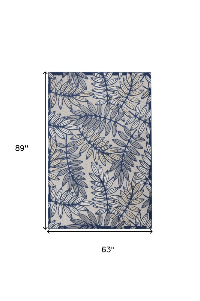 5' X 8' Navy Blue And Ivory Botanical Leaves Indoor Outdoor Area Rug HomeRoots