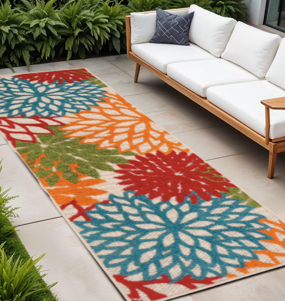 6' Orange Red Green And Blue Floral Indoor Outdoor Runner Rug — view 14