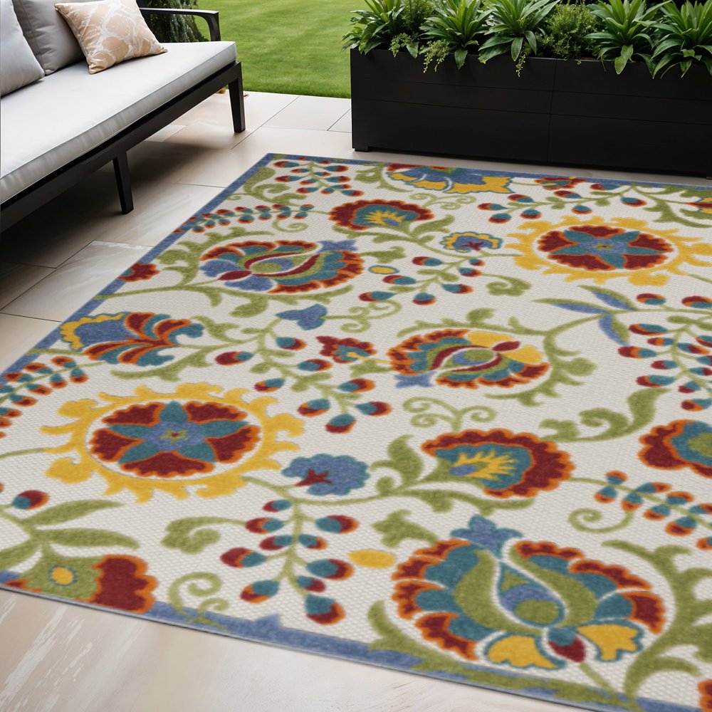 5' X 8' Ivory Green Red And Yellow Floral Indoor Outdoor Area Rug — view 4
