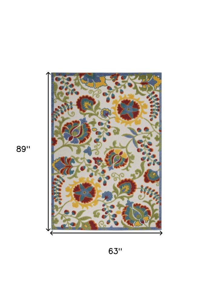5' X 8' Ivory Green Red And Yellow Floral Indoor Outdoor Area Rug — view 1